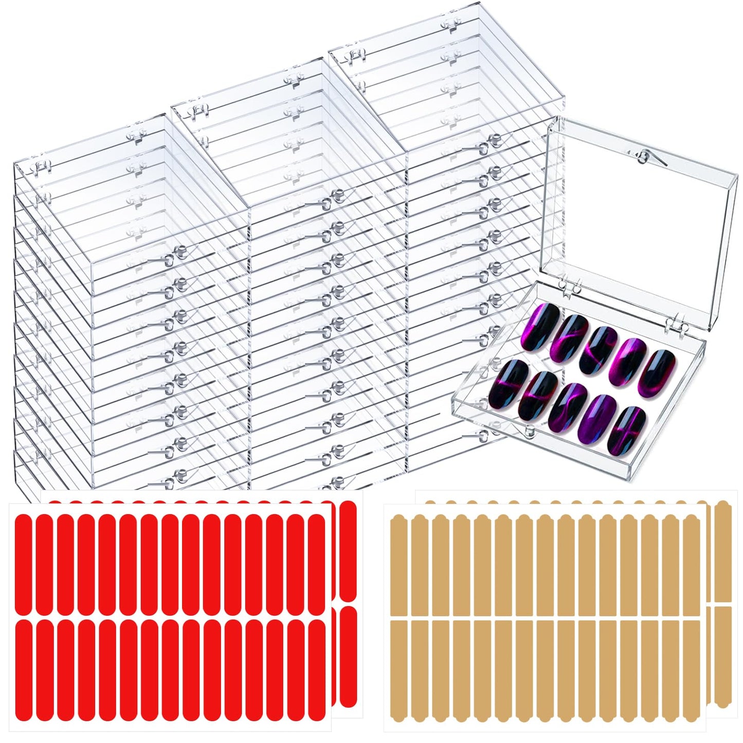 30 Sets Press on Nail Box Nail Display Case Artificial Nail Display Storage Box with 60 Pcs Adhesive Double Sided Tape Acrylic Nail Box Press On Nail Packaging for Nail Salon (Clear 2.76 x 2.76 inch)