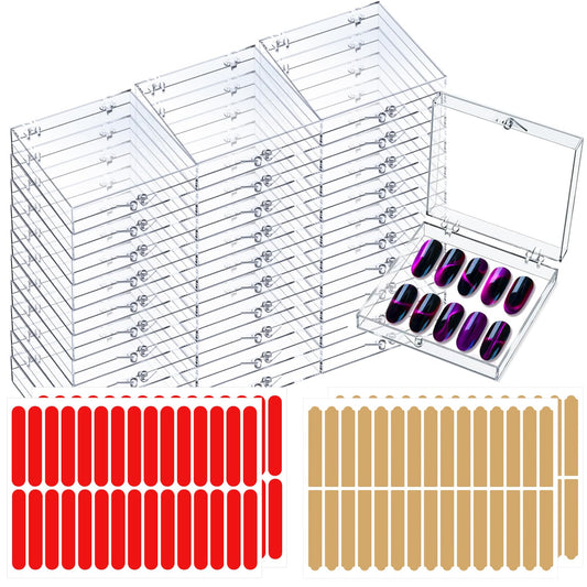 30 Sets Press on Nail Box Nail Display Case Artificial Nail Display Storage Box with 60 Pcs Adhesive Double Sided Tape Acrylic Nail Box Press On Nail Packaging for Nail Salon (Clear 2.76 x 2.76 inch)