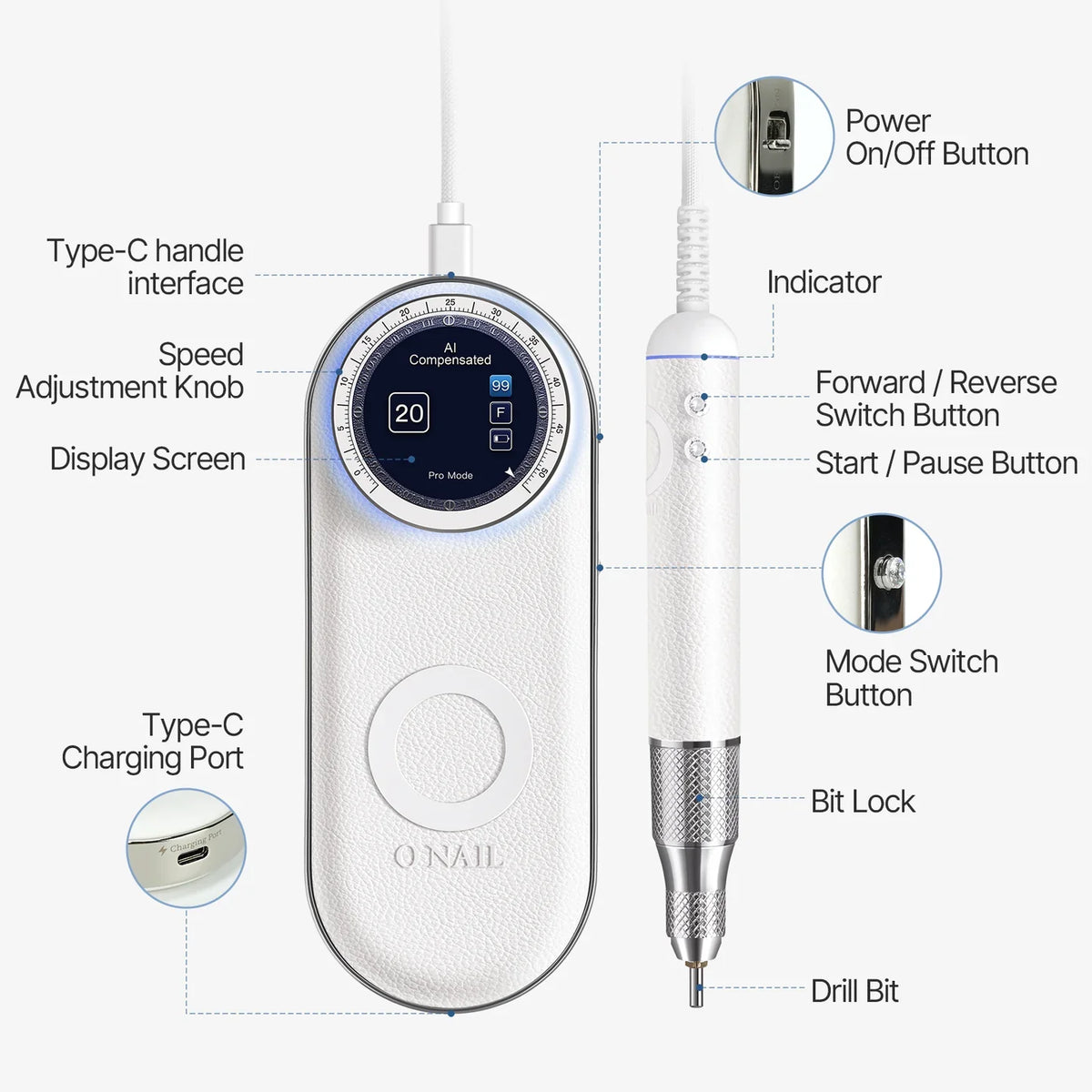 O NAIL - Nail Drill Pro (2 Handpiece), White